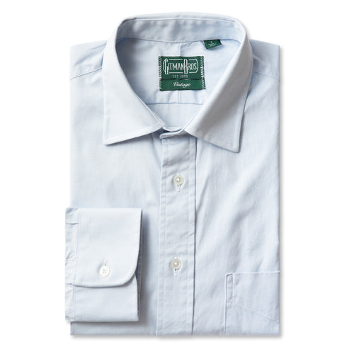 The light blue pinpoint oxford dress button up shirt with a split yoke and a front pockets and  mother of pearl buttons.