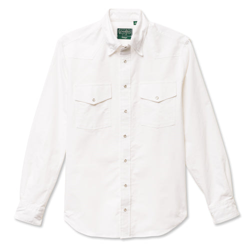 A white button under western oxford shirt with pearl buttons and two pockets, barrel cuffs and made in the USA