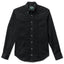 A classy formal black button down tuxedo shirt oxford, with and overdyed fabric, white buttons, a ruffled placket and barrel cuffs.