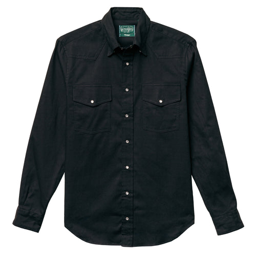 A black overdyed button under western oxford shirt with pearl buttons and two pockets, barrel cuffs and made in the USA