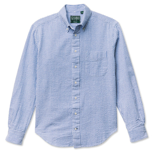 The Blue Stripe Seersucker shirt crafted from lightweight 3.5oz cotton seersucker. Featuring a muted tonal stripe, breathable construction, and versatile summer style for casual or dressed-up wear. Made in the USA.