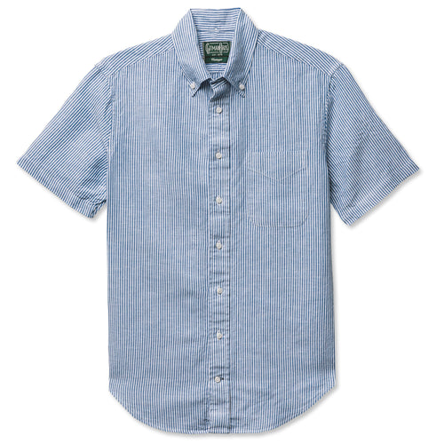 The Blue Stripe Linen Short Sleeve shirt crafted from a breathable 54% linen, 46% cotton blend. Lightweight and versatile, this warm-weather staple features a relaxed fit for effortless summer style. Made in the USA.