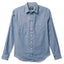 A blue work shirt with two chest pocket, made from a chambray fabric with white buttons.