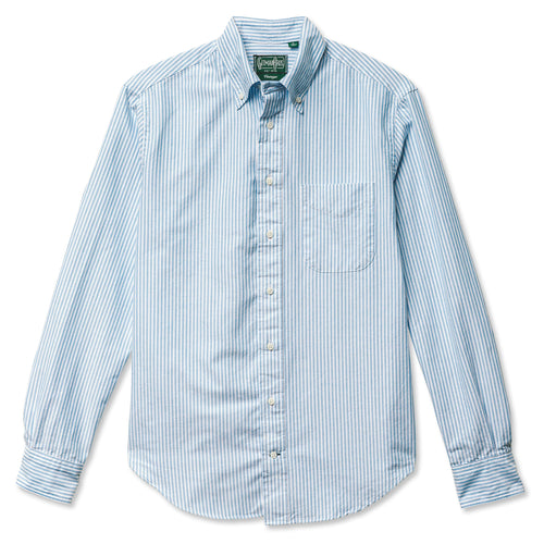 A long-sleeved, button-down, striped Oxford shirt with a chest pocket, collar, and barrel cuffs. Gitman Vintage, Made in the USA, 100% cotton.
