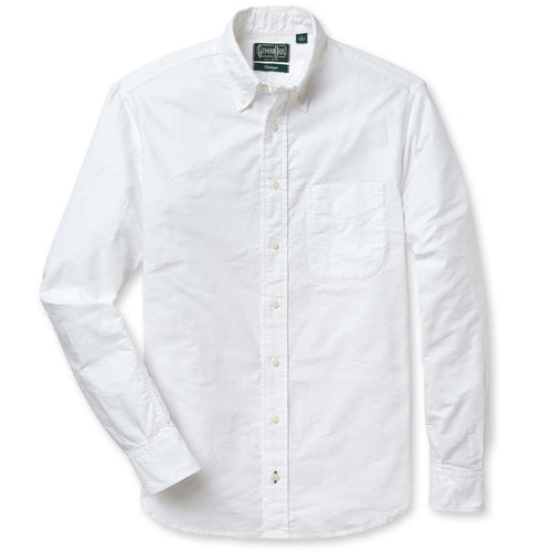 A white, long-sleeved Oxford shirt with a chest pocket, button-down front, and a collar. Made in the USA, 100% cotton, Gitman Vintage.